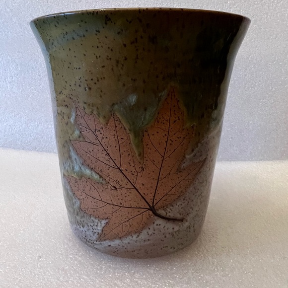 Hand Crafted Other - Carmen’s Pottery Maple Leaf Imprint Green Aqua Planter Vase & bowl